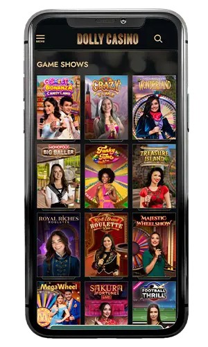 Schermata smartphone Dolly Casino con lobby Game Shows e anteprime colorate di programmi live con presentatori in studio