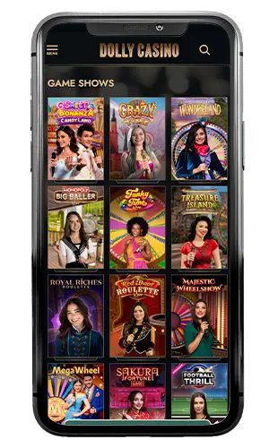 Schermata smartphone Dolly Casino con lobby Game Shows e anteprime colorate di programmi live con presentatori in studio