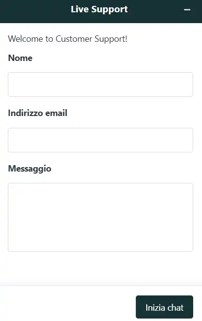 Finestra live chat Dolly Casino Italia con campi per nome, e-mail e messaggio e pulsante “Invia”