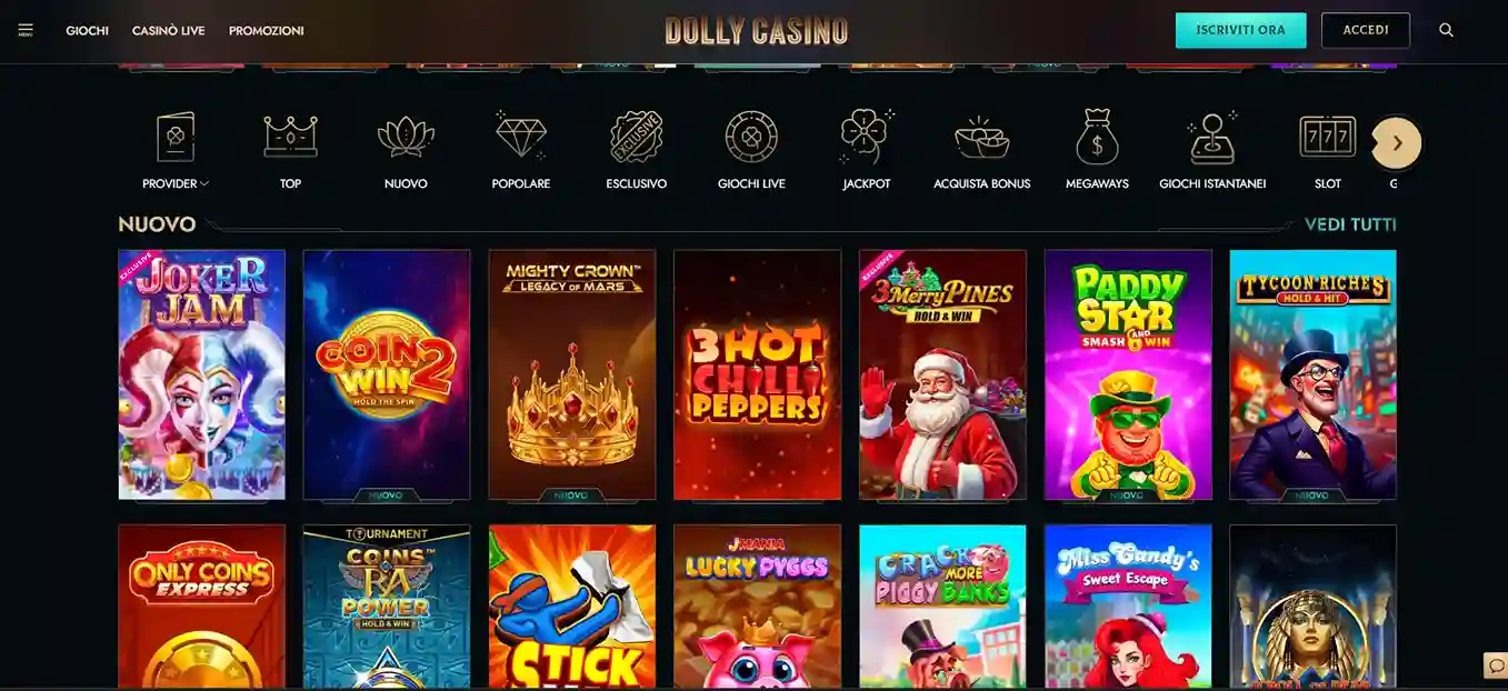 Lobby di Dolly Casino Italia con categoria Nuovo e slot Joker Jam, Coin Win 2, Mighty Crown e 3 Hot Chili Peppers in evidenza